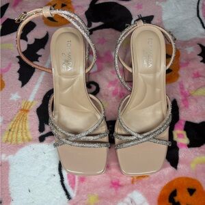 TOP Moda Beige Strappy Heels with Silver Accents